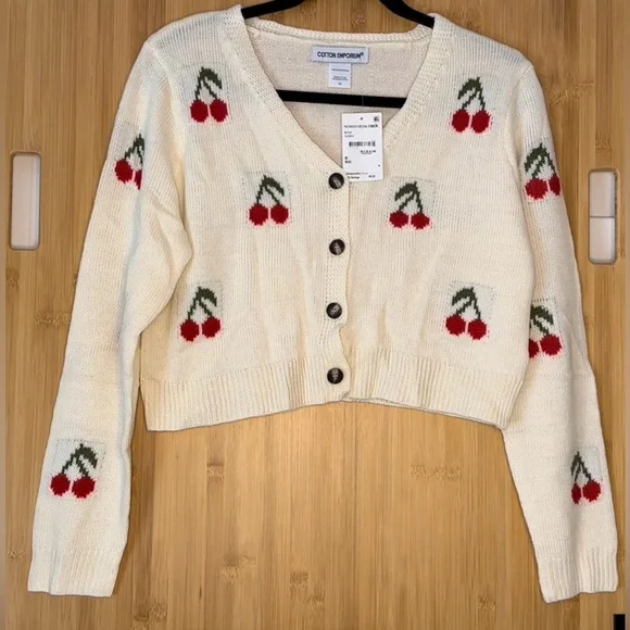 NWT Cotton Emporium Cherry Knit Cardigan - Picture 3 of 6